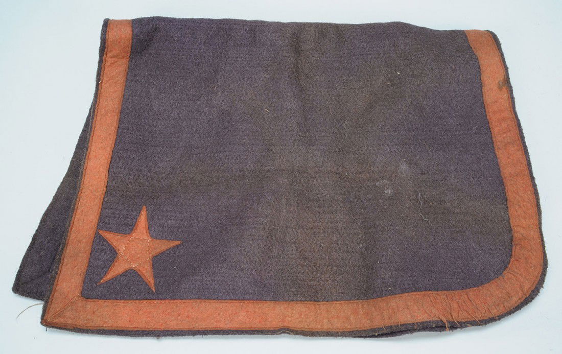Military Wool Saddle Pad: Military wool saddle pad, navy with red border and red star located in front two corners. 18" H x 28" W. Indian Wars or Early 20th century.