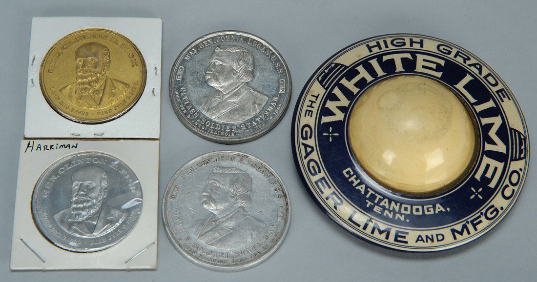 University Commemorative Coins & Advertising: Five Tennessee Cenntenial Exposition Commemorative items:1st item - Two (2) U.S Grant University, Athens and Chattanooga, Tenn. John A. Logan Hall of Science coins dated 1893, with the image of Maj. G