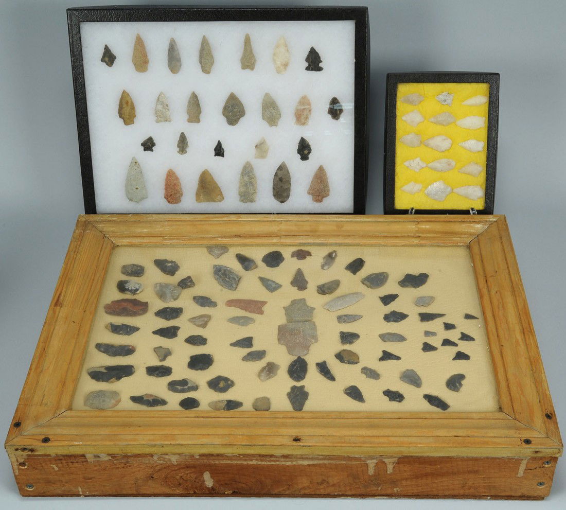 Lot of 3 cases of Native American Points 106 total: Lot of 3 cases of Native American Points, 106 total. Serrated and beveled examples. Case 1: 25 points in a case measuring 12 1/4" H x 161/4" W. Case 2: 15 points in a case measuring 6 1/4" H x 8 1/4"