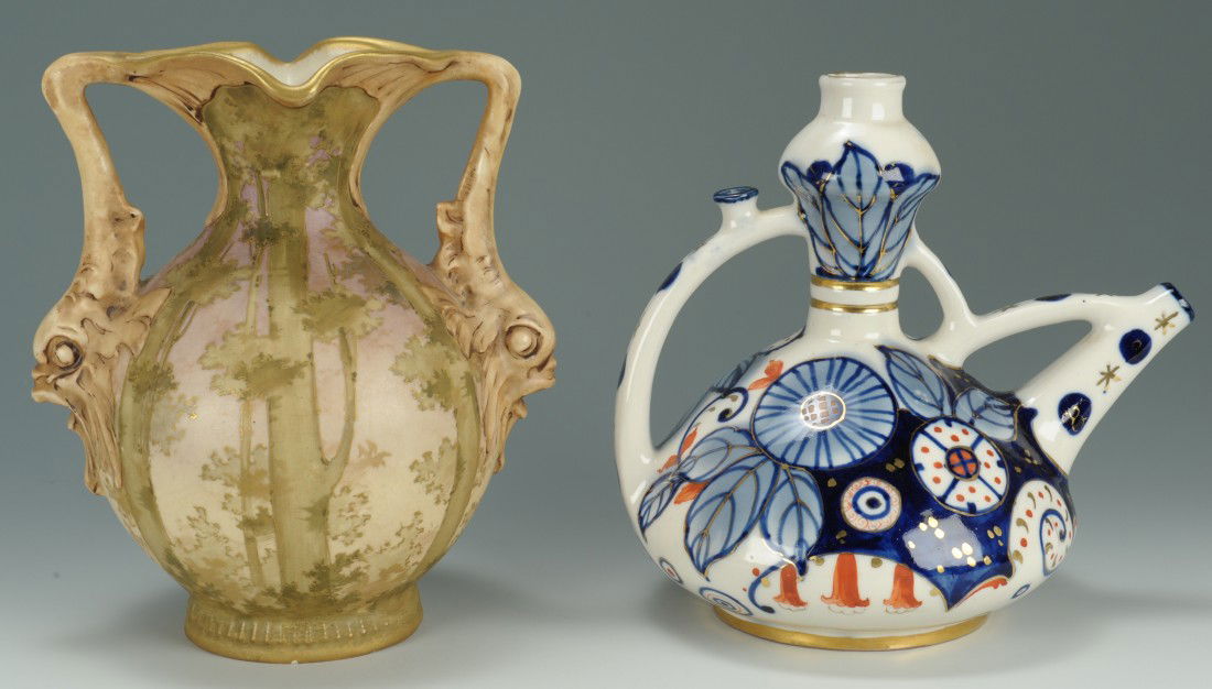 2 Amphora Vases, Ewer & Trumpet Neck: 2 Amphora Vases, Ewer & Trumpet Neck. 1st item - Amphora, Ewer type vessel with spout and handle, decorated with brilliant cobalt and orange patterns with gilt highlights on a white ground. Impressed
