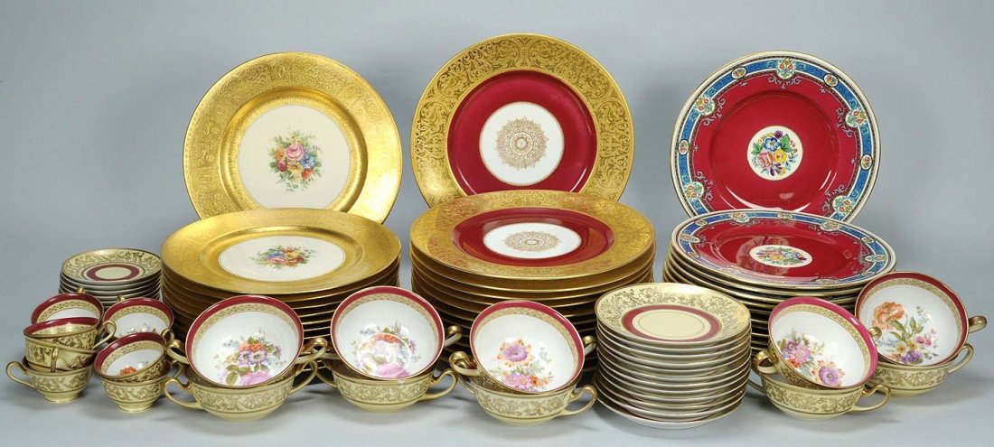 Large group of porcelain dinnerware, 4 patterns: Large group of porcelain dinnerware. 1ST ITEM: Tirschenreuth of Bavaria demitasse cups and saucers (9 cups/10 saucers:4-3/8" dia) and cream soup and saucers (10 soups/12 saucers: 6-3/8 dia). 2ND ITEM: