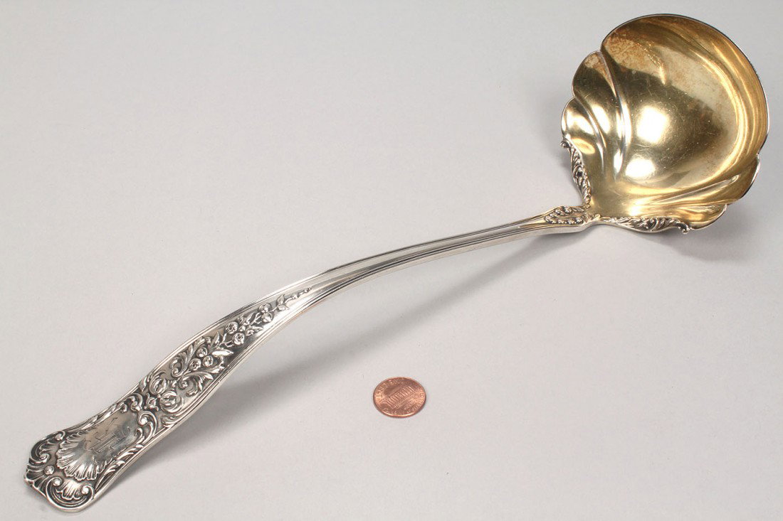 Gorham Sterling Punch or Soup Ladle: Gorham sterling silver punch or soup ladle, unknown pattern (possibly Whiting's Radiant?) marked with old lion-anchor-G mark and patent date of 1896. Gilt washed bowl with shell back. Monogrammed K or