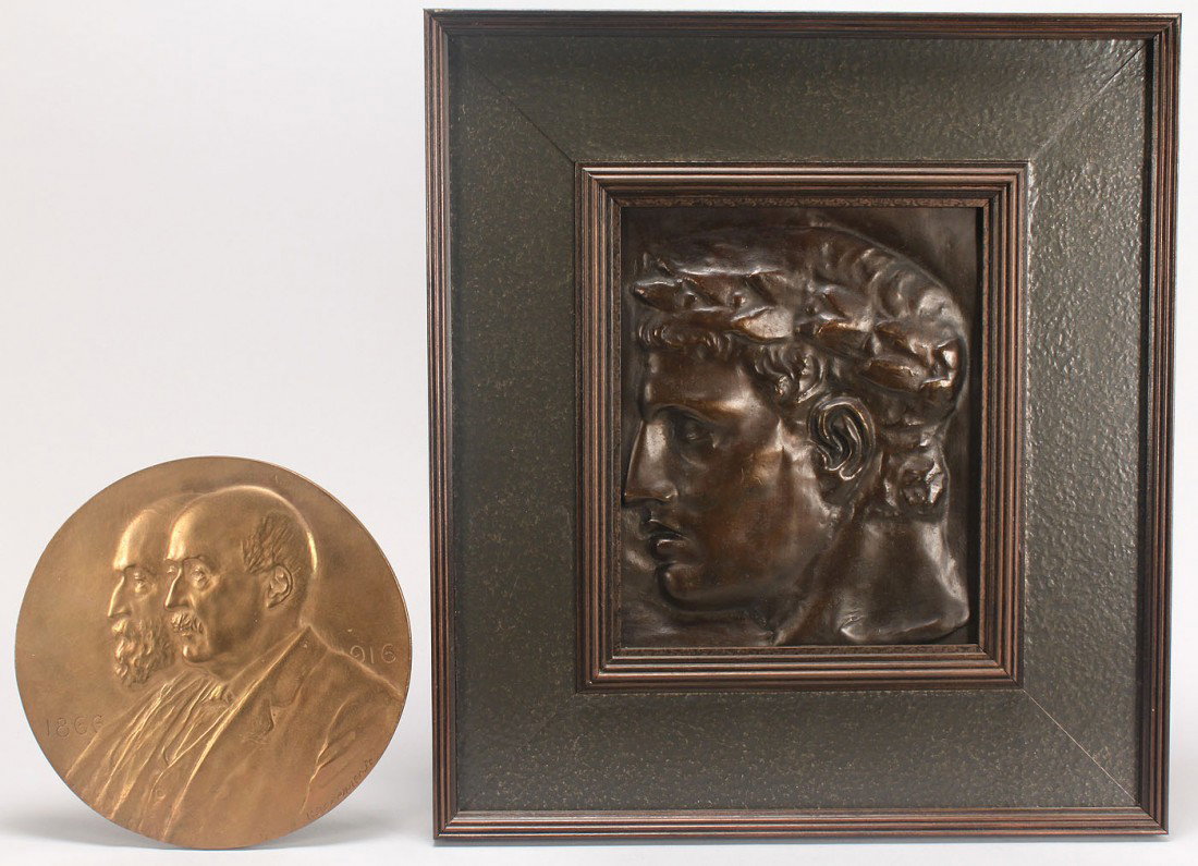 V.D. Brenner Bronze Portrait Plaque & Roman portra: Two bronze portrait plaques. 1ST ITEM: Victor Brenner (1872-1924) bronze bas relief portrait plaque of two men commemorating 50 years, 1866-1916, signed "V.D. Brenner Sc." 8" diameter. 2ND ITEM: Bronz