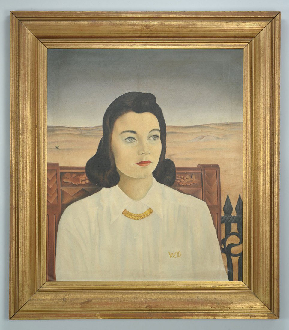 Jack Kershaw, portrait of Virginia Barrerre: John Karl "Jack" Kershaw (Tennessee, 1913-2010) oil on canvas portrait of Virginia Barrerre, wearing a white blouse and gold necklace, seated in a chair against a desert landscape. Painted in 1946. Un
