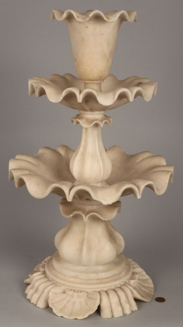 Carved Alabaster Tiered Centerpiece: Alabaster three-tiered centerpiece with shell carved decoration. 21" H x 12-1/2" W. Continental, late 19th to early 20th century.