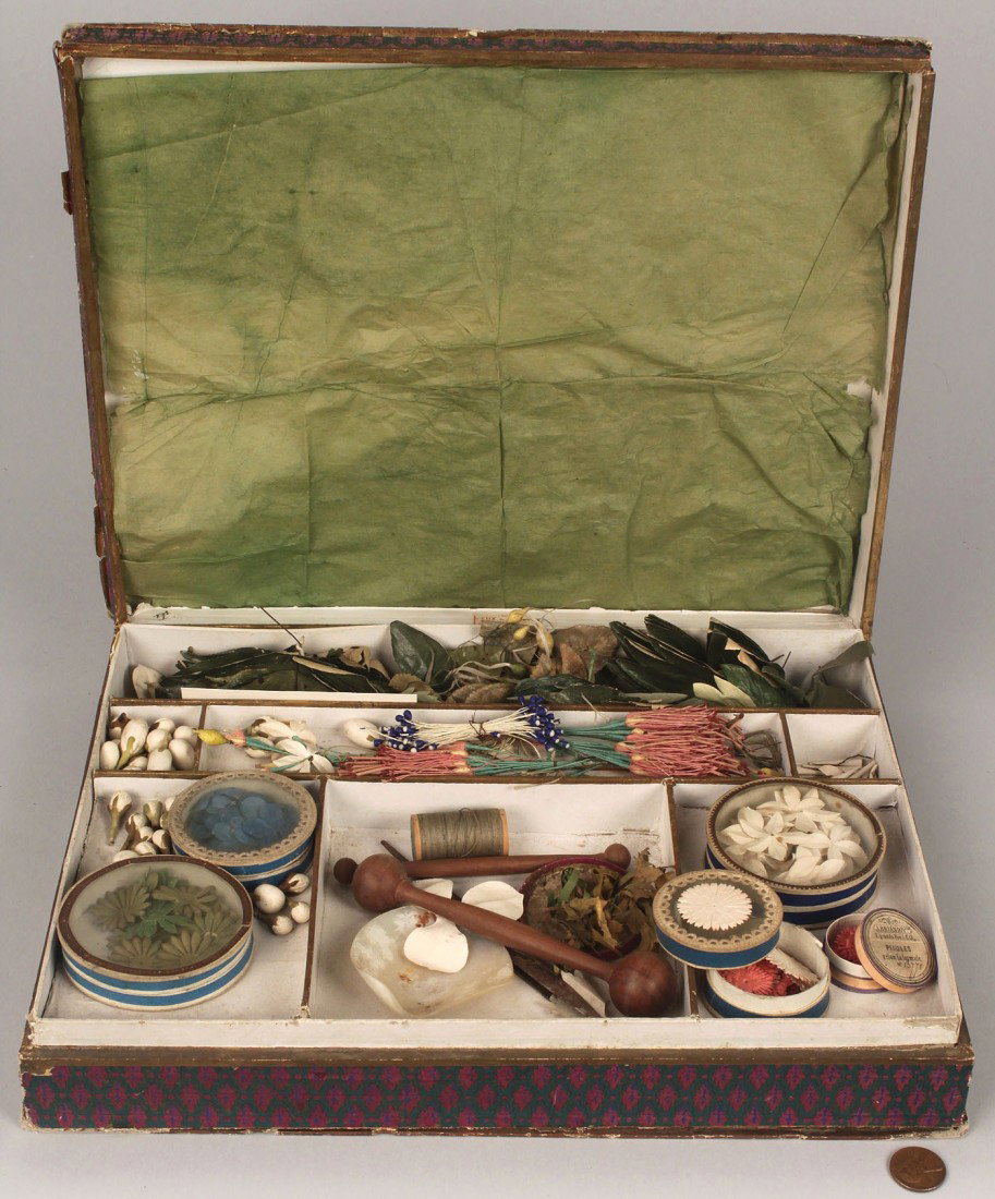 Flower Drying Box w/ Paris label: French lithographed cardboard box containing a collection of materials for flower drying. Rue des Petits Champs, Paris store label. 2-3/4"h x 18"W x 10"D. Circa 1920. Provenance: estate of Salli Shrop