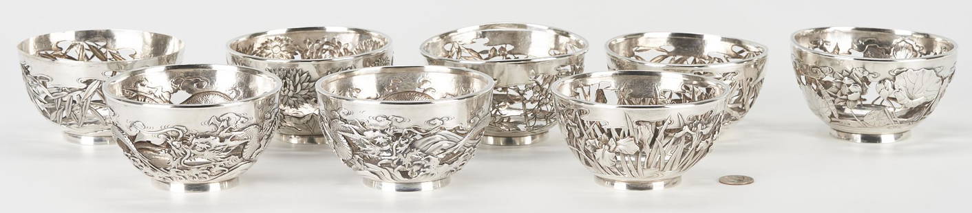 8 Japanese Export Sterling Bowls, Samurai Shokai: Eight (8) Japanese Samurai Shokai sterling silver bowls with pierced openwork decoration in various motifs, including two (2) dragon and cloud, two (2) bamboo, one (1) prunus, one (1) chrysanthemum, o