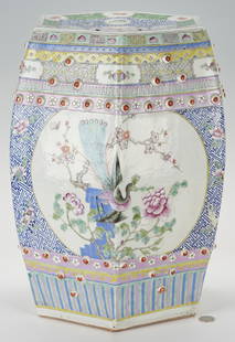 Chinese Famille Rose Porcelain Garden Seat: Chinese Famille Rose porcelain garden seat, hexagonal barrel form with pierced medallions to the top and sides, foliate vignette decoration to the top and large vignette decoration to each side depict