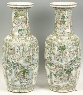 Pair of Chinese Famille Verte Palace Vases, Qing Dynasty: Pair (2) of Chinese Famille Verte palette porcelain floor vases, baluster form with galleried rims. The wide-lipped rims with interior enameled foliate decoration and an exterior jagged leaf-tip