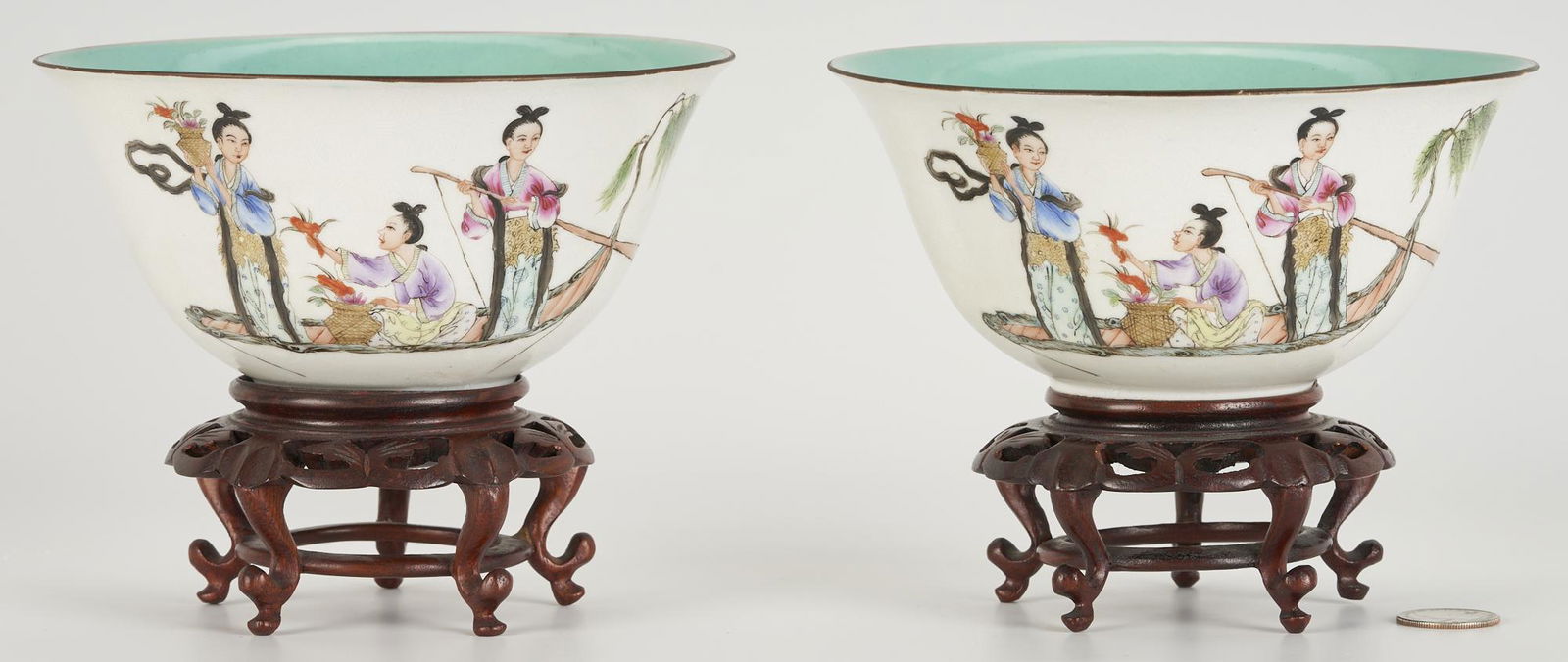 Pr. Chinese Porcelain Bowls with Turquoise Glaze and Figural Decoration (1 of 12)