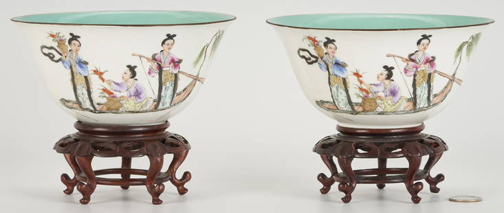 Pr. Chinese Porcelain Bowls with Turquoise Glaze and Figural Decoration: Pair Famille Rose figural decorated bowls with turquoise glaze interior. Each bowl of Qianlong form with flared rim and low foot, overglaze-decorated with 3 female figures in a boat and pagoda,