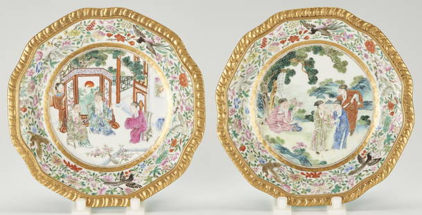 Pr. Chinese Export Famille Rose Dishes, Turquoise Backs: Pair (2) Chinese Famille Rose dishes or soup plates with turquoise glazed backs, scalloped and gilt rims, bird and floral borders on white ground, and central scenes of figures in landscape settings.