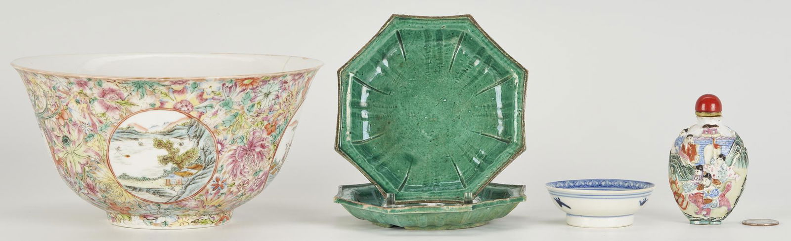5 Chinese Ceramic items incl. Figural Snuff Bottle and Millefleur Bowl (1 of 20)