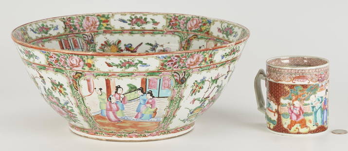 Chinese Export Rose Medallion Punch Bowl & Mug: 1st item: Large Chinese export Rose Medallion porcelain punchbowl, featuring alternating bands of figural and floral decoration, with bird decoration and gilt highlights throughout. 6" H x 14 1/2"