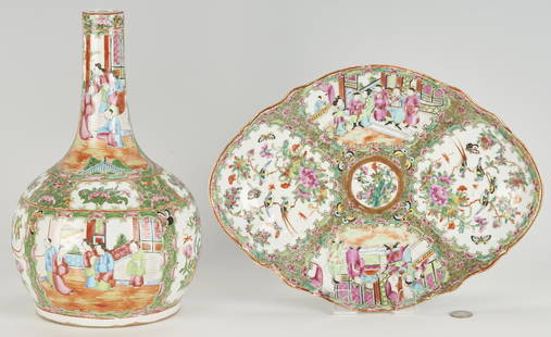 Chinese Export Rose Medallion Bottle Vase & Compote: Grouping of two (2) pieces of Chinese Rose Medallion porcelain, including one (1) bottle form vase and one (1) lozenge-shaped footed dish. Each having polychrome enamel decoration throughout,