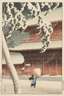 Hasui Kawase Japanese Woodblock Print, Zojoji Temple, early 1930s: Hasui Kawase (Japan, 1883-1957), "Zojoji Temple in Snow," vertical oban color woodblock print depicting Tokyo's famous Zojo-ji Temple in a snowstorm at night. A woman or bijin whose face is hidden