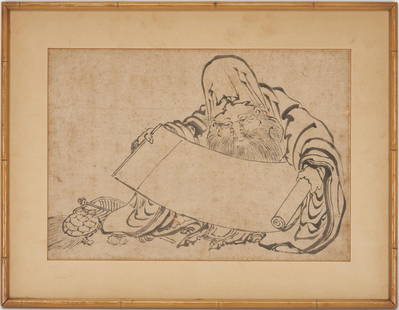 Drawing of Jurolin attr. Hokusai, ex-Ernest Fenollosa: Attributed to Katsushika Hokusai (Japan, 1760-1849) brushed ink on paper sketch depicting the bearded figure of Jurojin, god of longevity, accompanied by a mino-game (a long-lived turtle with algae