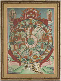 Tibetan Thangka, The Wheel of Life, Bhavachakra or Samsara: Southeast Asian Tibetan Buddhist Thangka painting depicting The Perfect Wheel of Life imagery, the Bhavachakra or Samsara, conveying a symbolic representation of cyclic existence, with themes of