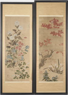 Pair of Framed Japanese Scroll Paintings, Summer and Spring: Pair of framed Japanese scroll paintings, gouache and watercolor on paper, including one spring scene depicting various colored flowers and one summer scene depicting a red maple tree with white