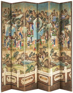 Large Chinese Export Painted Floor 6-Panel Screen: Large-scale Chinese polychrome painted paper and canvas 6-panel floor screen. The front, paper on wood, features finely detailed scenes with court figures engaging in various activities; mountains and