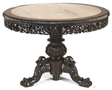 19th C. Figural Carved Center Table with Marble Top, Dogs, Birdcage: Large and heavily carved 19th century ebony or ebonized hardwood table, possibly Chinese for the Ango-Indian market. Tall round form with inset rouge marble top, reeded edge, and a carved and pierced