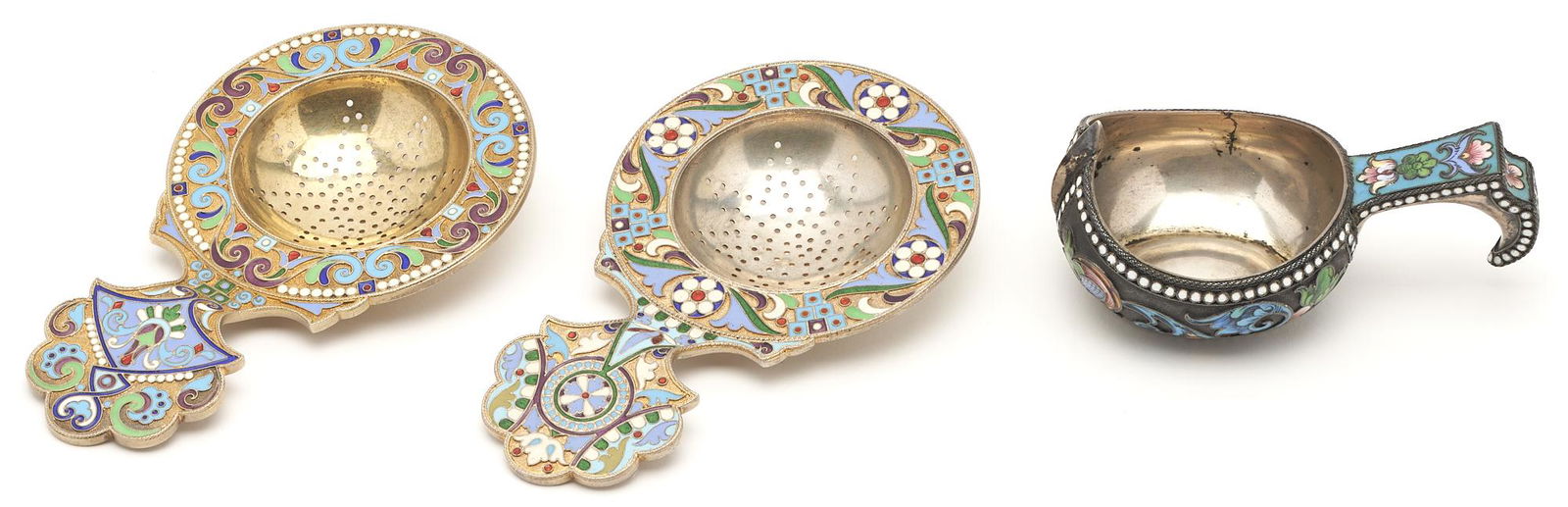 Russian Enamel Silver Charka plus 2 Strainers, 3 items (1 of 16)