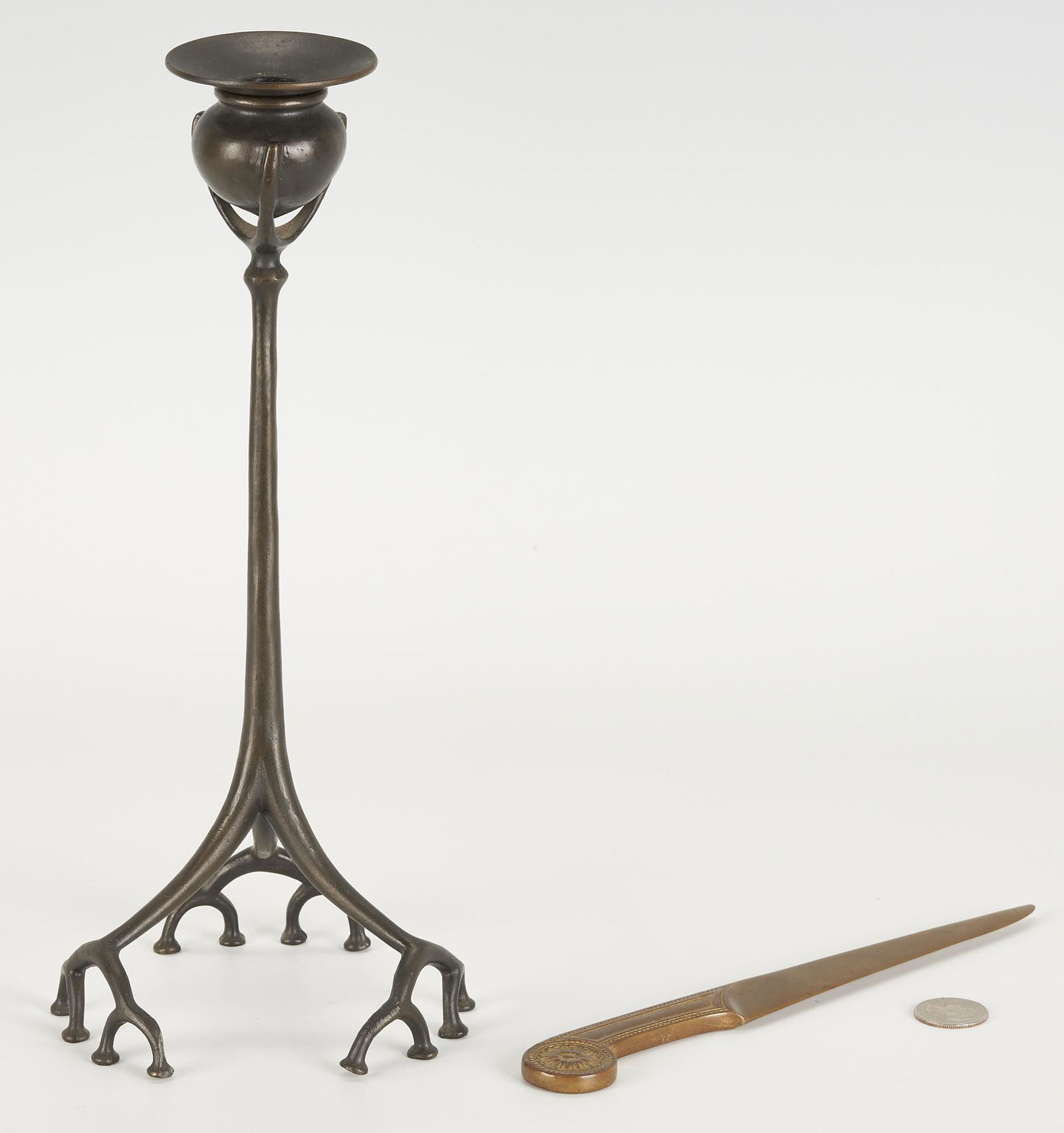 2 Tiffany Studios Bronze Item:  Art Nouveau Root Candlestick & Adams Letter Opener (1 of 14)