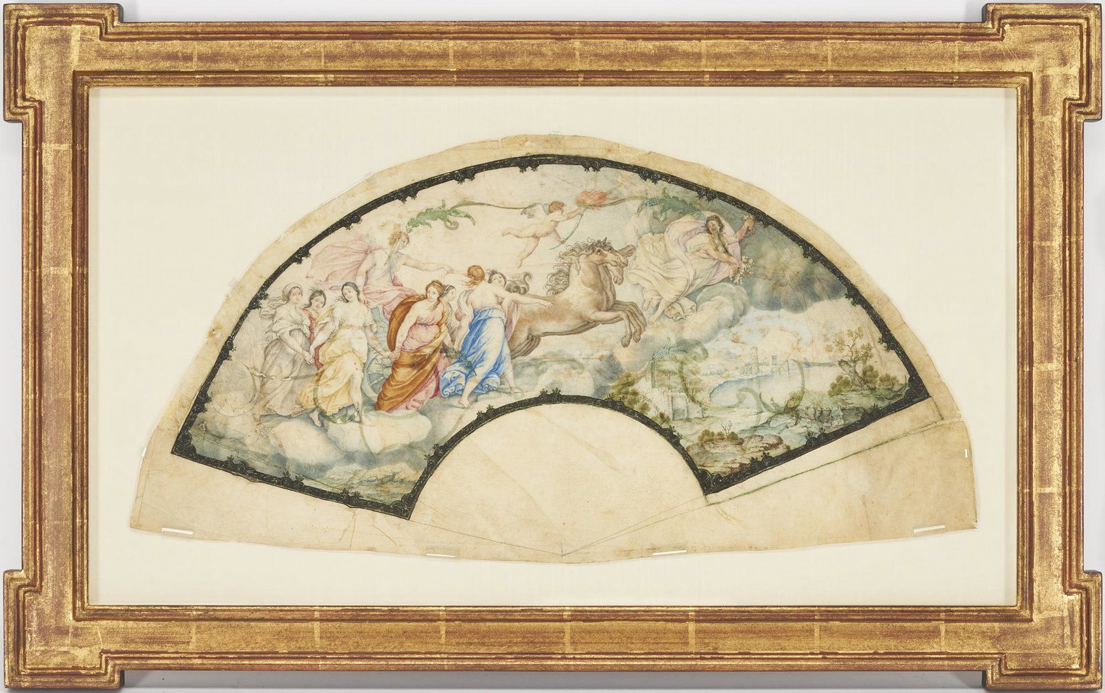 Fan Leaf Design after Guido Reni, Aurora: Pencil and watercolor fan design drawing on very thin vellum with image after the Guido Reni (Italy, 1575-1642) original ceiling fresco "The Triumph of Apollo led by the Aurora" from the garden house 