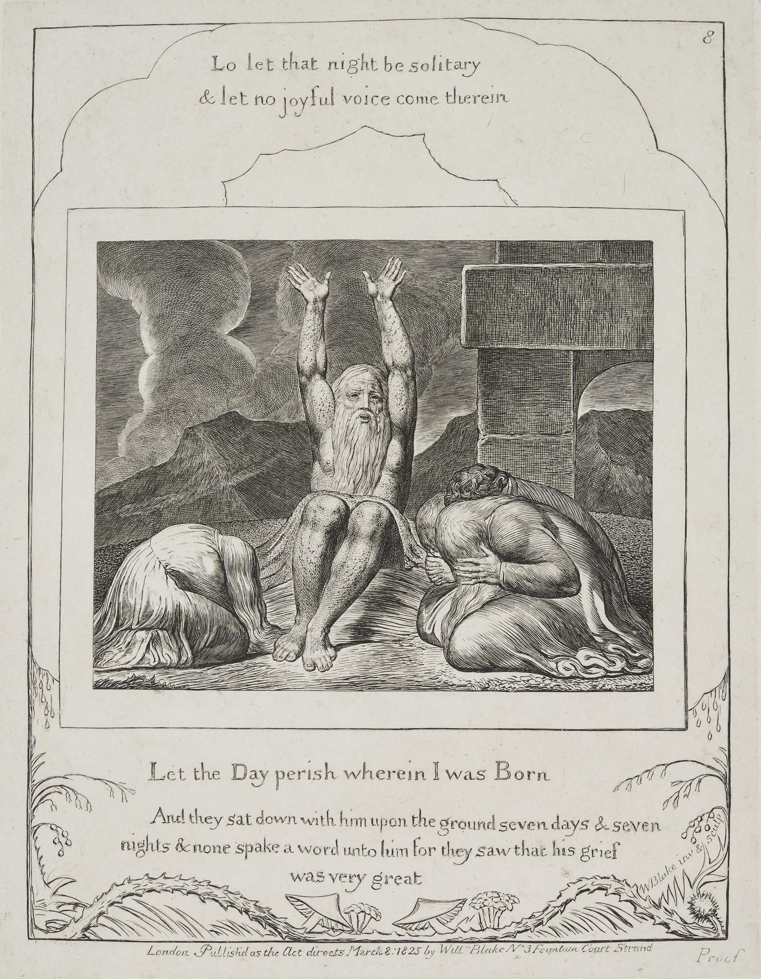 William Blake Engraving, Job's Despair, c. 1825: William Blake (England, 1757-1827) engraving on wove India paper, with the word Proof engraved in the plate, lower right, from the series "Illustrations of the Book of Job," circa 1825. With text and