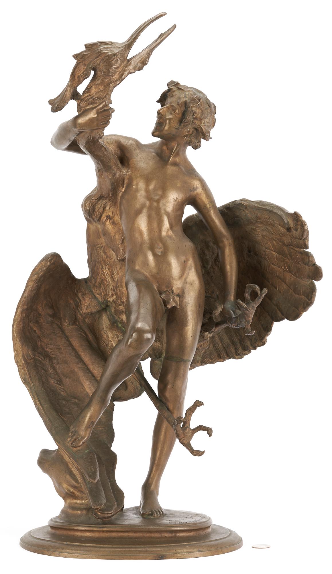 Frederick MacMonnies Bronze Sculpture, Young Faun w/ Heron: Frederick William MacMonnies (New York/France, 1863-1937) bronze sculpture titled "Young Faun with Heron" depicting a classically portrayed nude male youth crowned by an ivy wreath. He gazes jovially