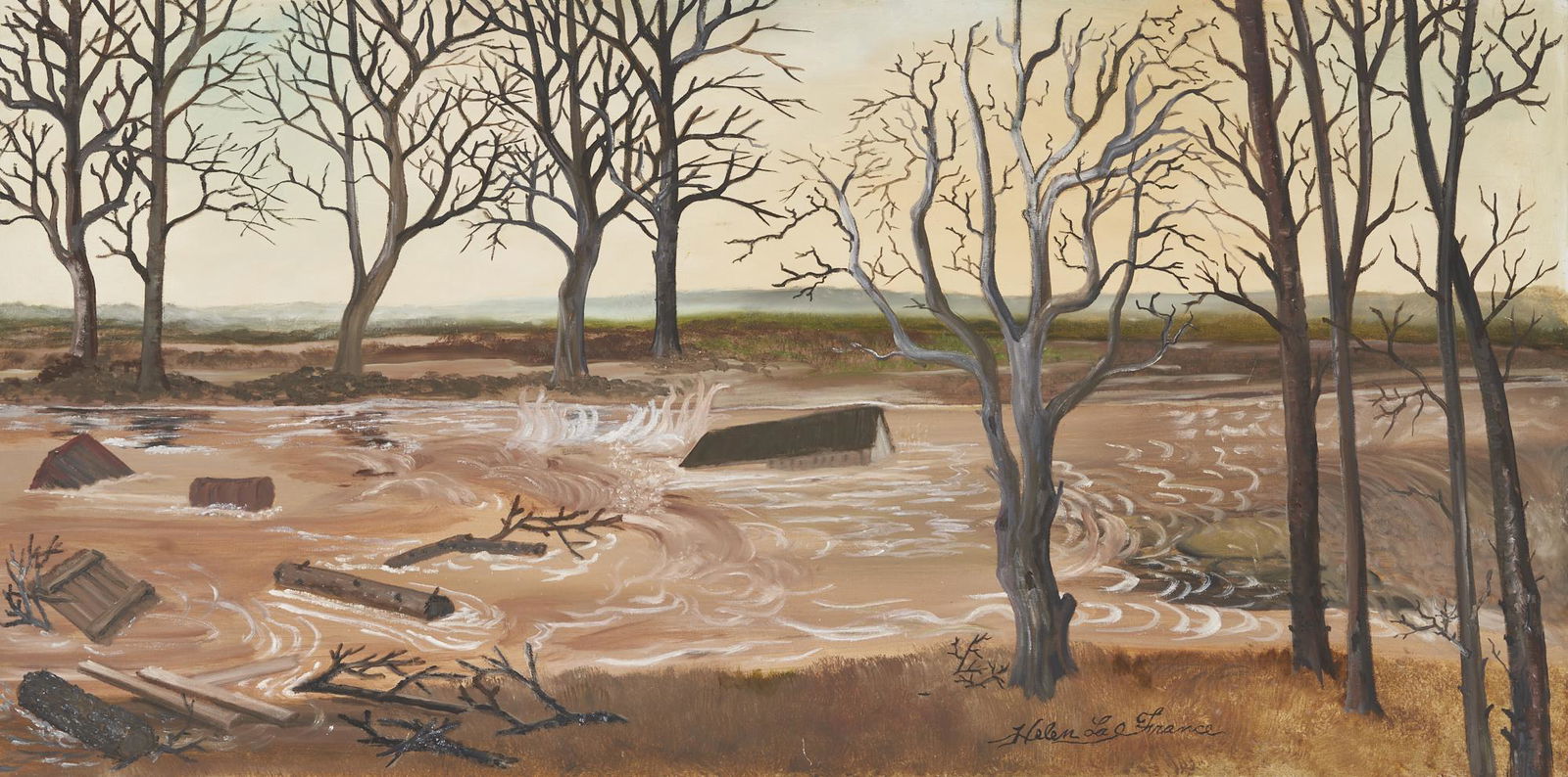 Helen LaFrance O/C Panoramic Flood Scene Painting: Helen La France (Kentucky, 1919-2020) oil on canvas (stretched on board) panoramic painting depicting muddy floodwaters sweeping away a house, tree limbs, and other various objects. The swollen river
