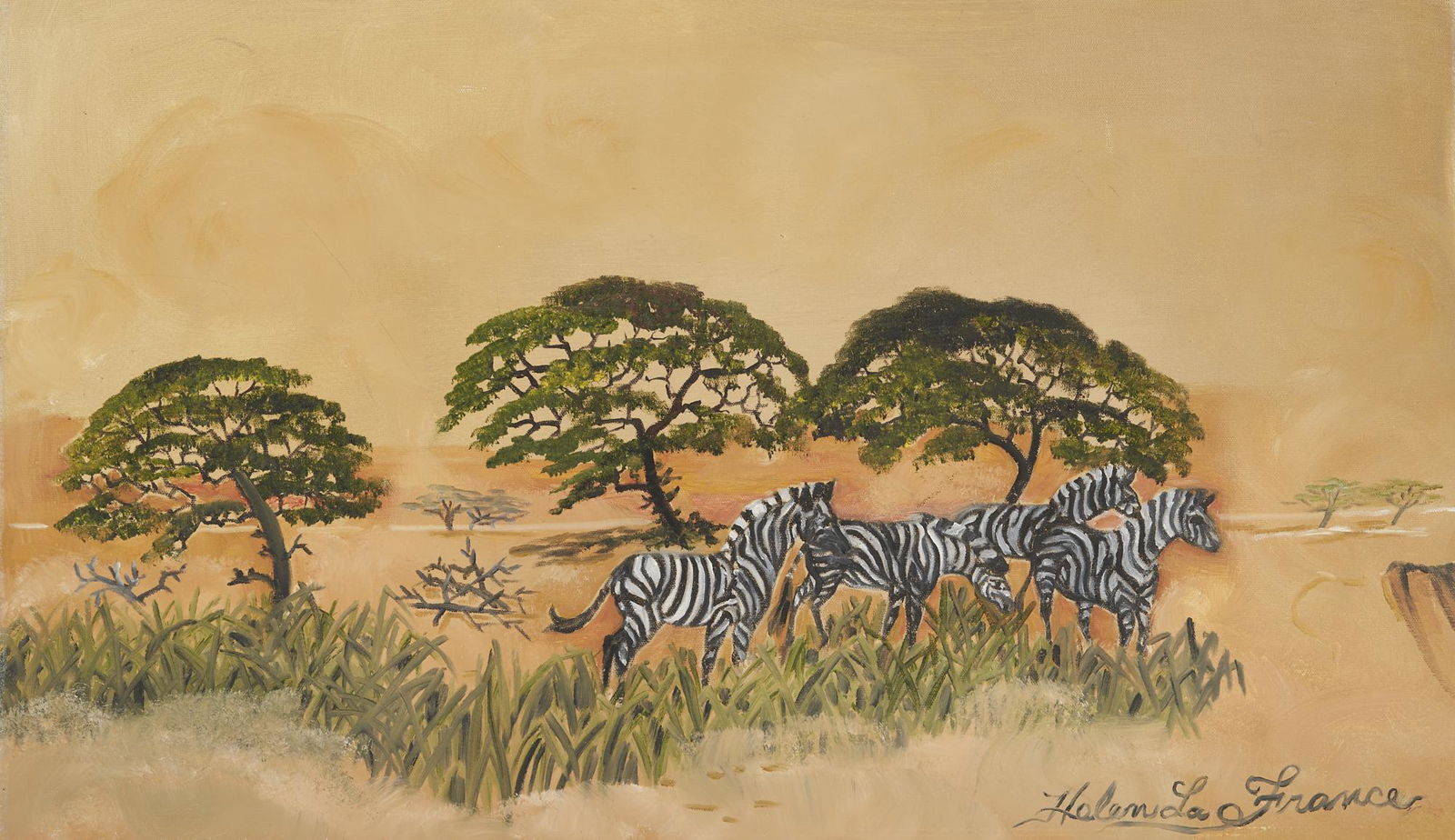 Helen LaFrance O/C African Landscape with Zebras: Helen LaFrance (American/Kentucky, 1919-2020) oil on canvas horizontally oriented painting depicting an African landscape with a herd of zebras on a grassy plain and trees with verdant foliage in the