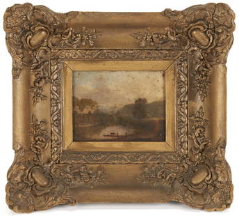 Thos. Worthington Whittredge 1846 Oil Painting, Shaker Ferry - Kentucky River: Early miniature landscape view of Pleasant Hill, KY, by Thomas Worthington Whittredge (New Jersey/New York/Ohio, 1820-1910). The oil on paper laid on board painting, titled "Shaker Ferry- View on Kent