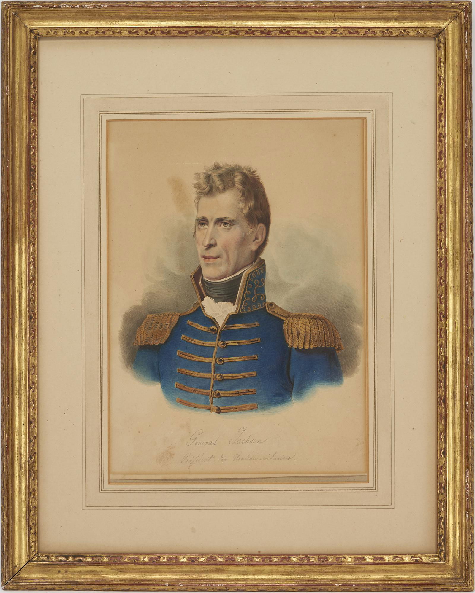 19th Cent. W/C Portrait of President Andrew Jackson, After Vanderlyn: 19th Century Watercolor on paper bust length portrait of Andrew Jackson (1767-1845), after the 1819 painting by New York artist John Vanderlyn (1775-1852) or after later engravings based on the Vander