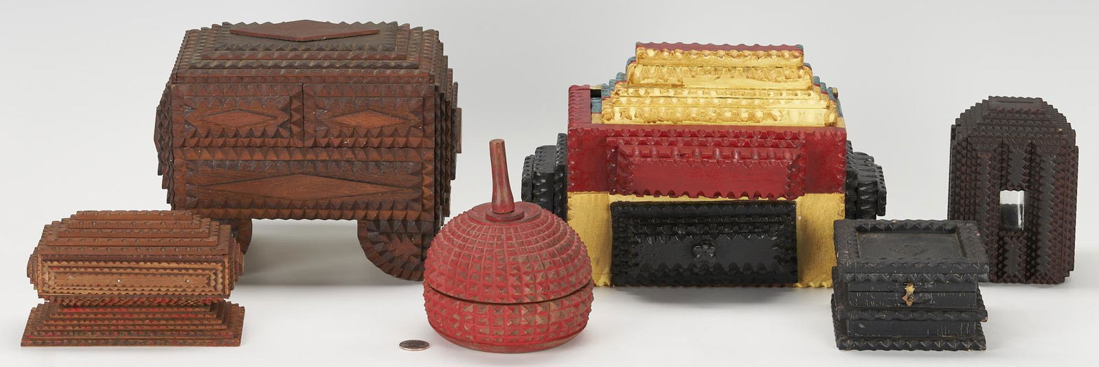 6 Tramp Art Carved Wood Boxes (1 of 20)