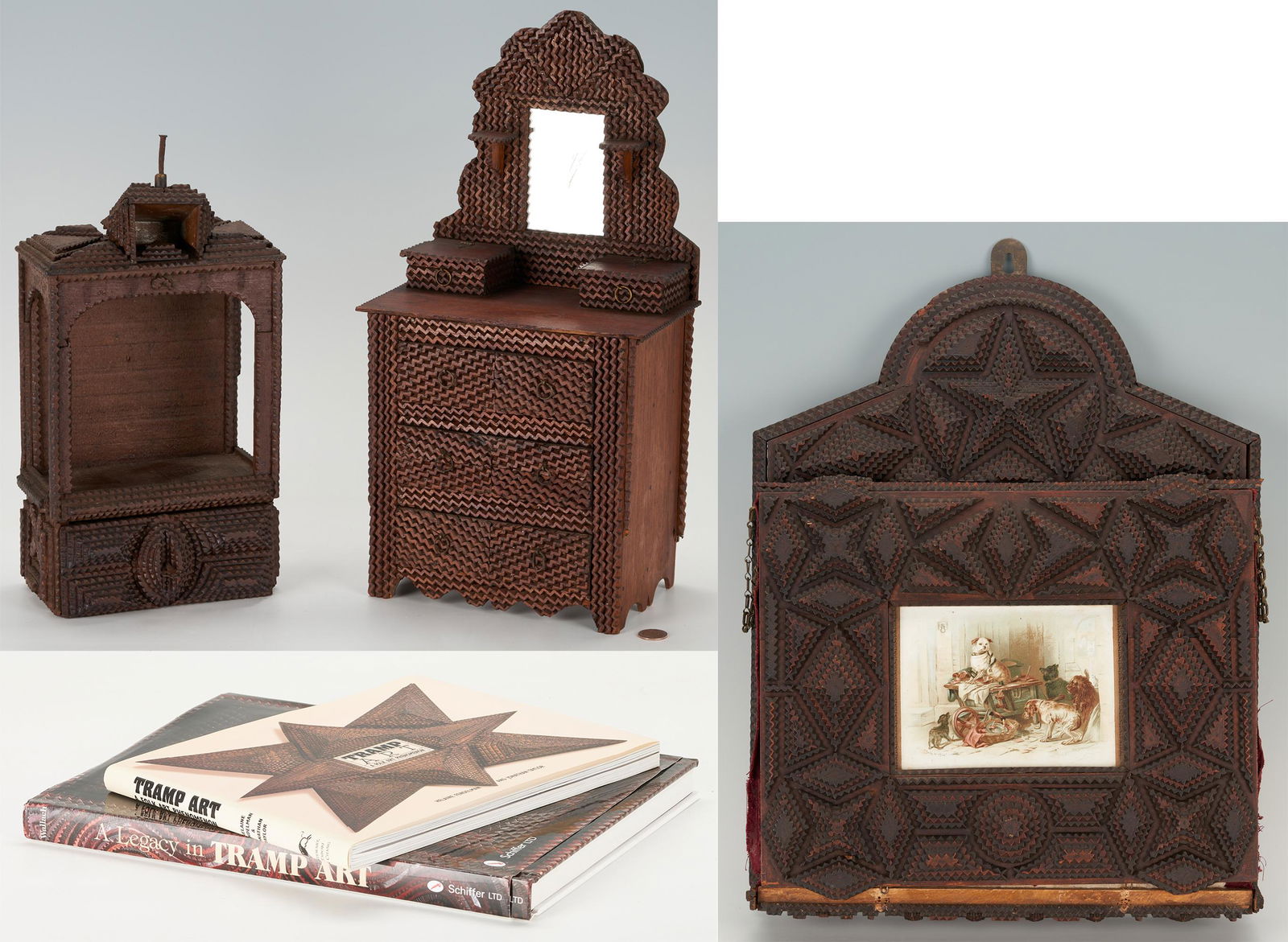 Tramp Art Wall Pocket, Miniature Chest & Cabinet Plus 2 Books (1 of 14)