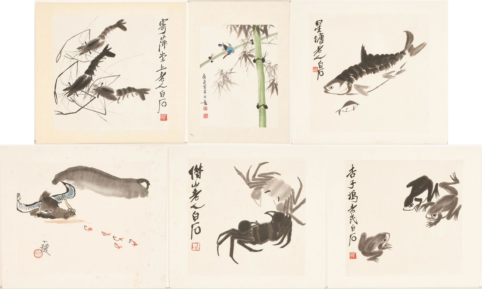 6 Asian Watercolor Paintings of Birds, Ox, Frog, & Fish (1 of 20)