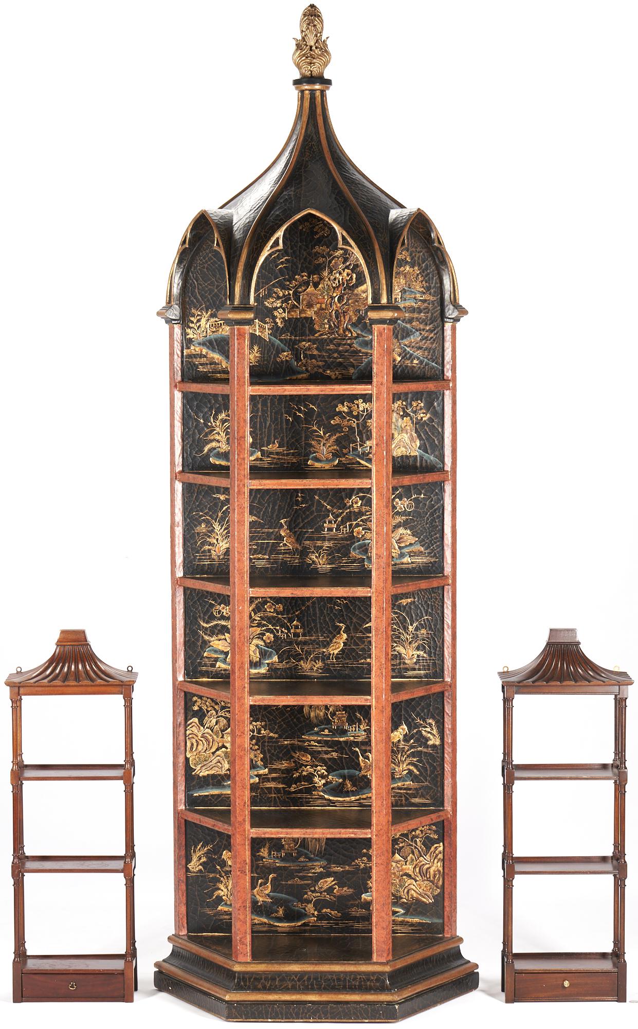 Chinese Lacquered Pagoda Display Cabinet & Pair Pagoda Etageres (1 of 17)