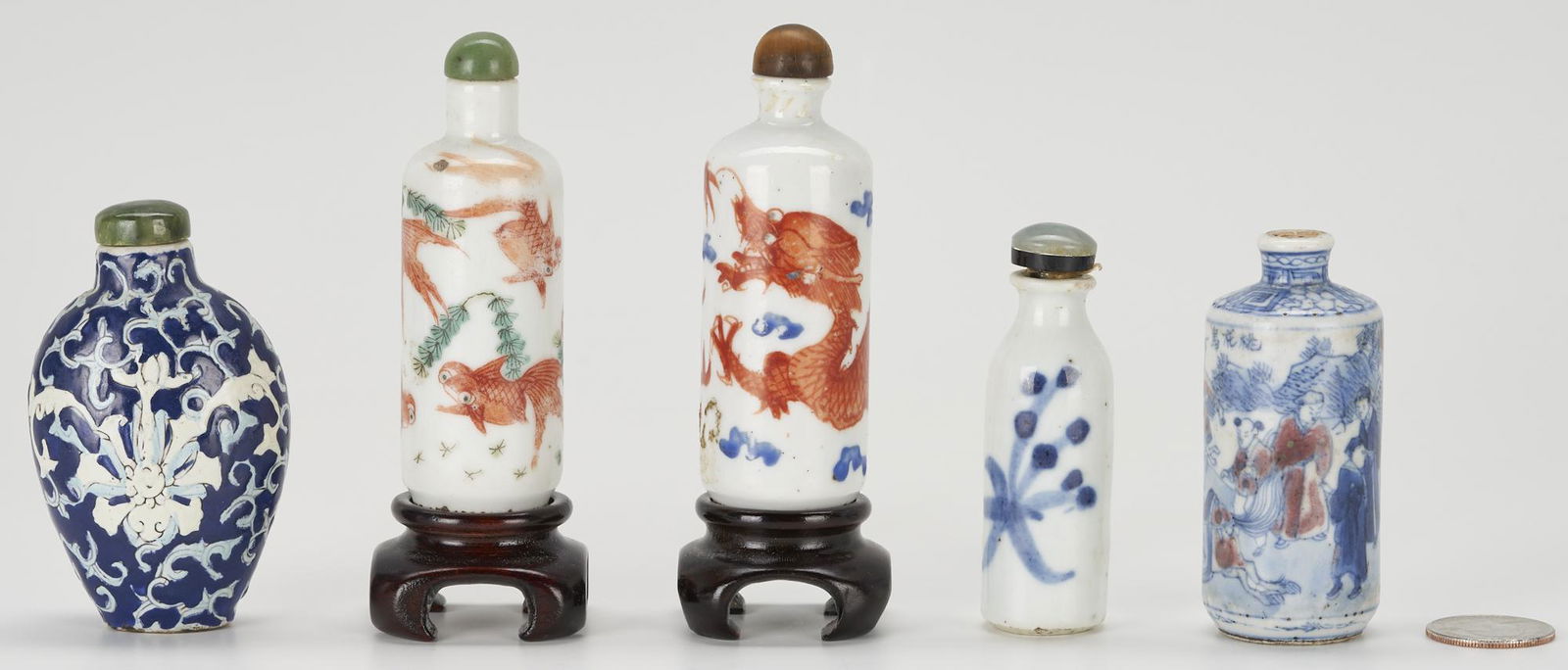 5 Asian Porcelain Snuff Bottles including Fish, Dragon decoration (1 of 12)