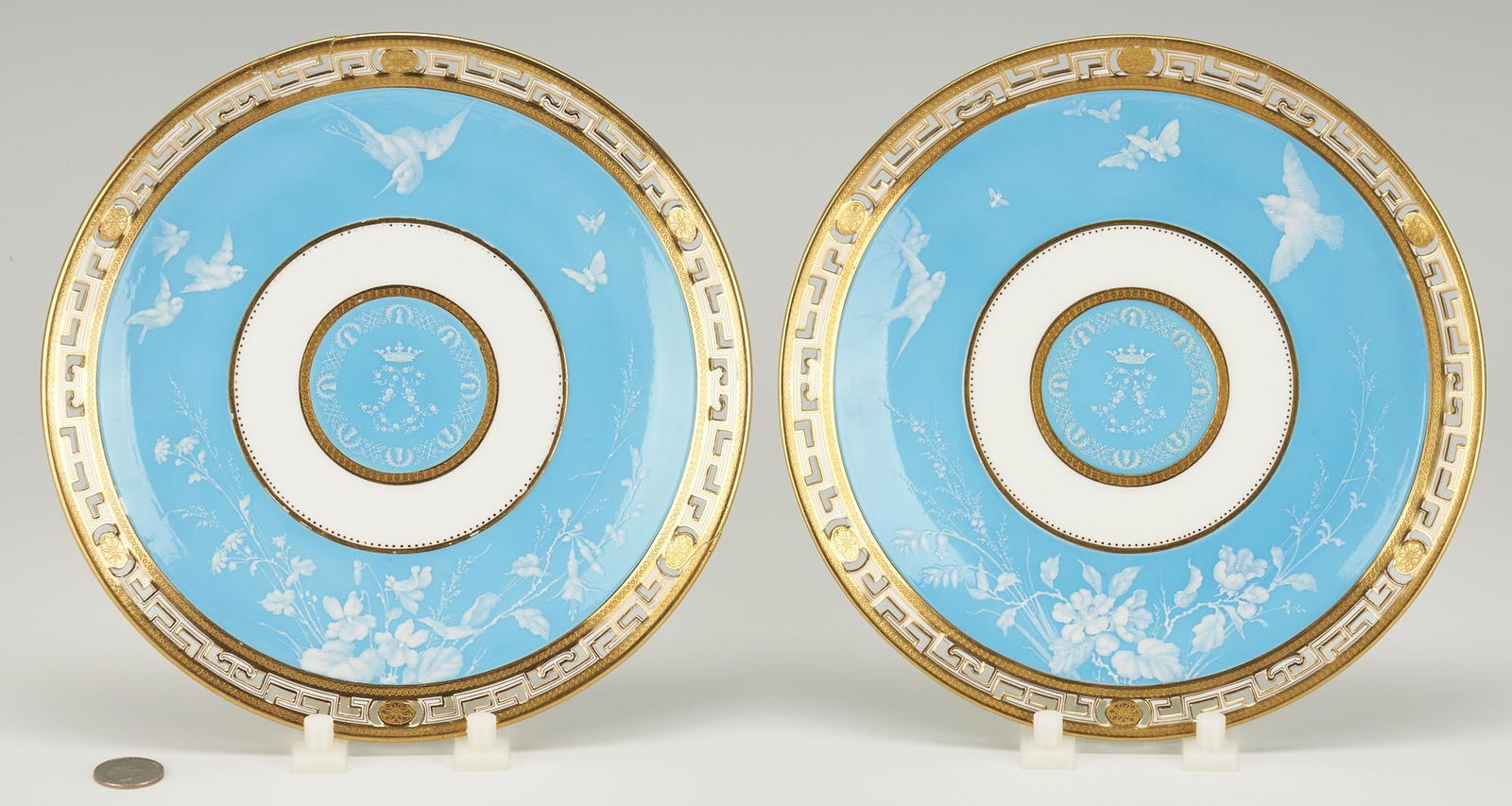 Pr. Minton Pate Sur Pate Cabinet Plates, Blue, with Birds (1 of 13)