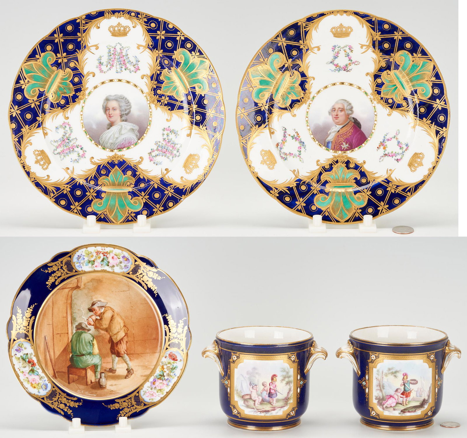 5 pcs. Sevres or Sevres Style French Cobalt Porcelain, incl. After David Teniers The Younger: 1st item: Sevres for Chateau des Tuileries tazza or compote depicting a hand-painted interior scene of two gentlemen smoking a pipe, signed "D Teniers", lower edge, having a scalloped rim with floral 