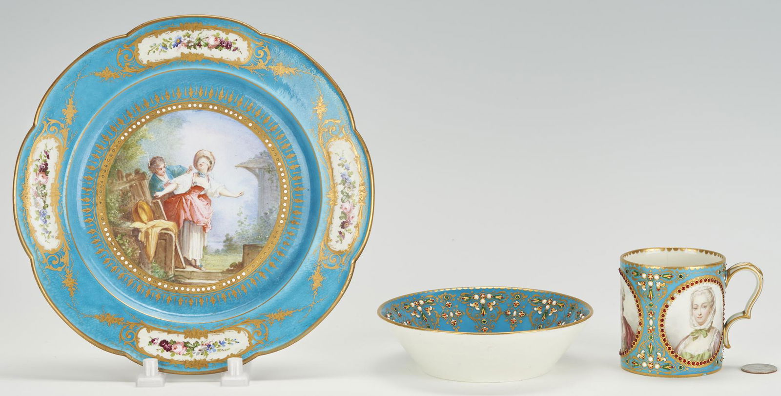 3 pcs. French Sevres Style Porcelain, Portrait Cup, Armorial Saucer, & Plate (1 of 16)
