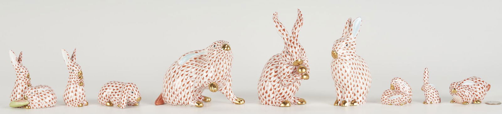 9 Herend Porcelain Rabbits, Red Fishnet Decoration (1 of 12)