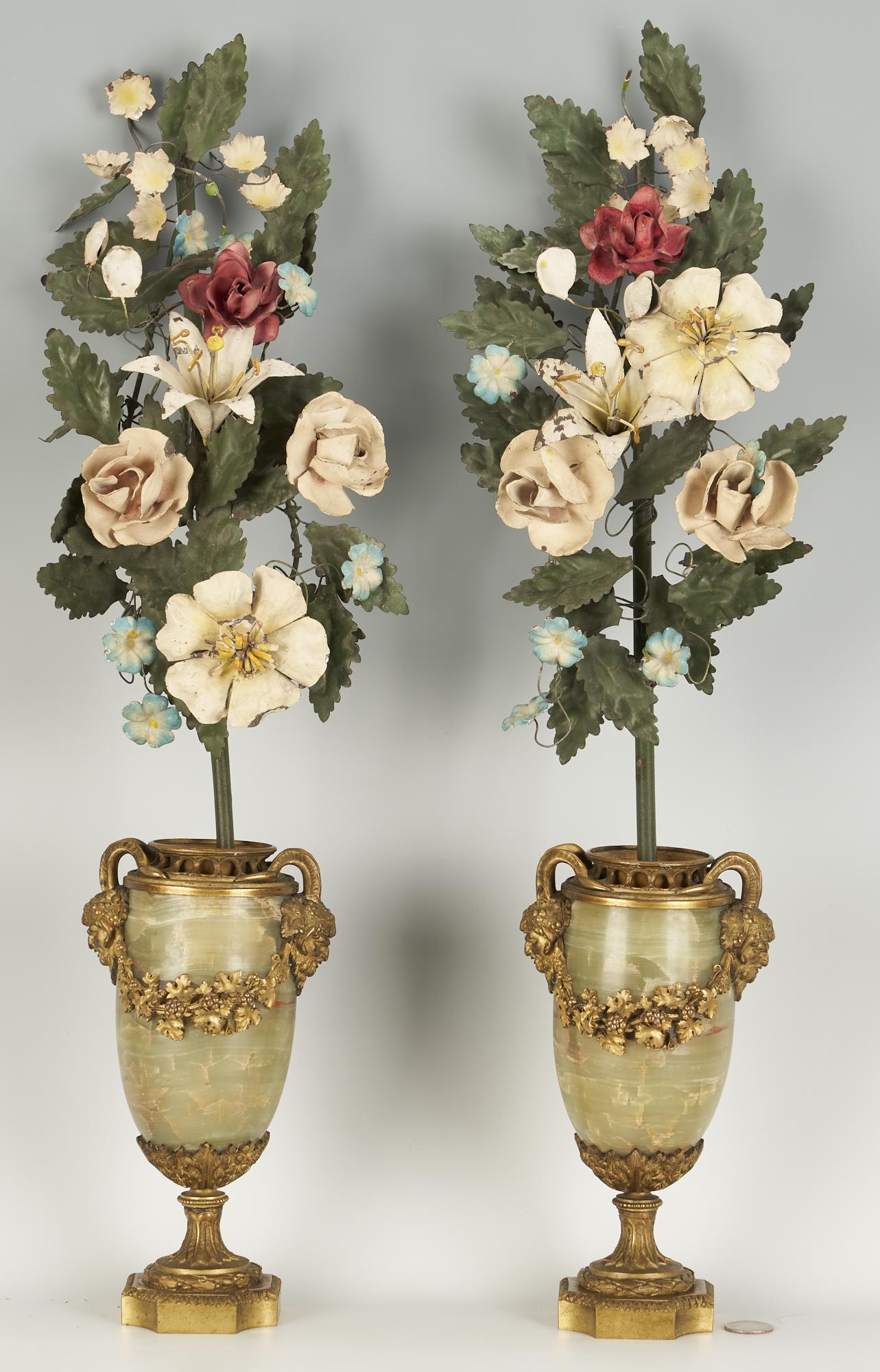 Pr. French Ormulu Onyx Vases w/ Tole Floral Bouquets, 4 pcs. (1 of 13)