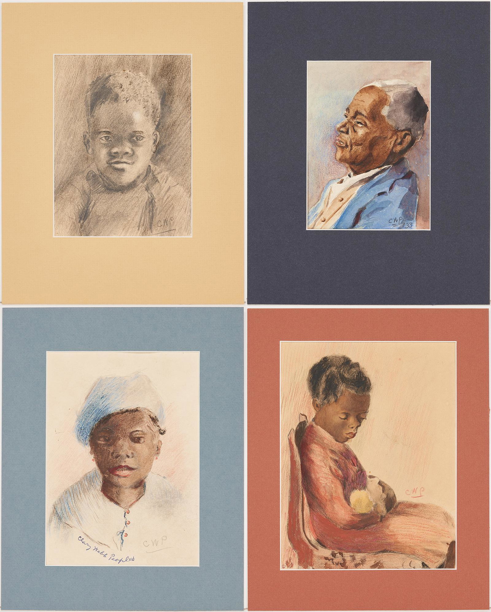 4 Clary Webb Peoples Portraits of African American Sitters, incl. W/C, Pastel, & Charcoal: Four (4) Emma Clary Webb Peoples (Tennessee, 1878-1956) watercolor, charcoal, and pastel on paper portraits of African American subjects, including one (1) portrait of a man identified en verso as Leo