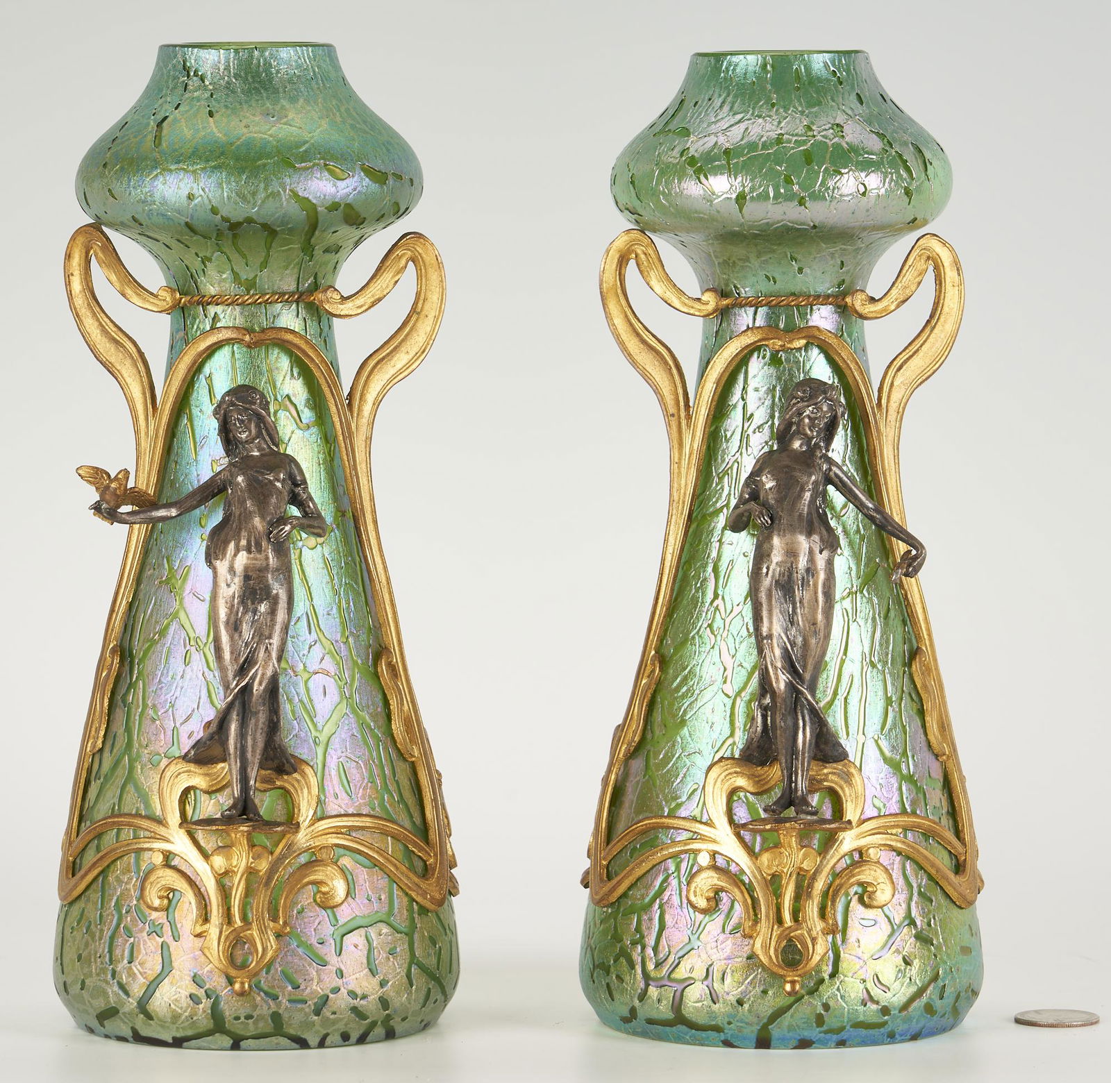 Pr. Loetz Art Nouveau Figural Overlay Crackle Iridescent Glass Vases (1 of 11)