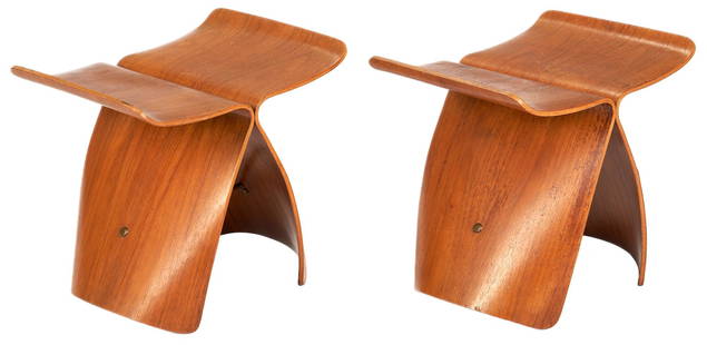 Pr. Mid Century Bentwood Butterfly Stools, Yanagi Style: Pair of two (2) Mid Century Modern bentwood butterfly stools after the original design by Sori Yanagi (Japan, 1915-2011). Both with a maple finish and brass hardware. 15" H x 17" W x 12" D. Circa 1960