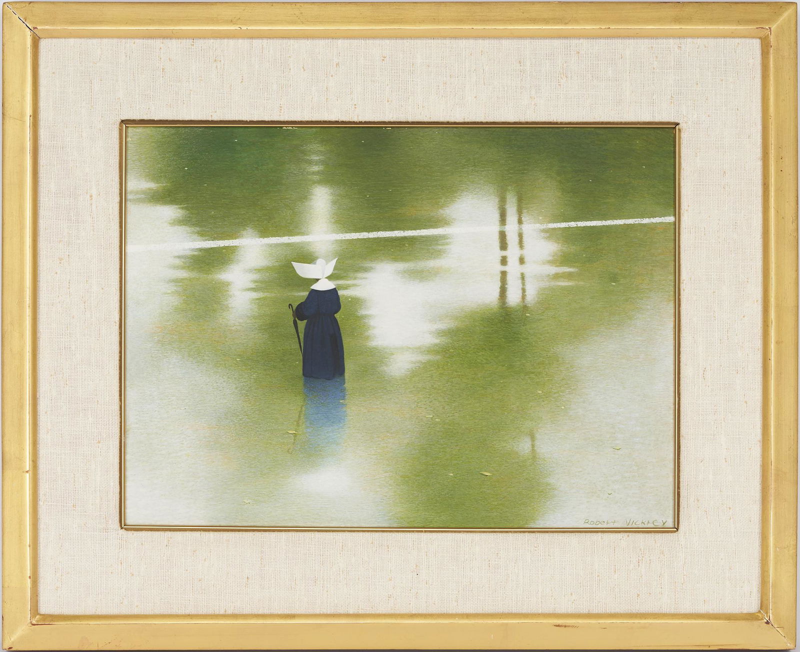 Robert Vickrey Tempera on Board Painting of a Nun, Rainy Crossing: Robert Remsen Vickrey (American, 1926-2011), "Rainy Crossing," egg tempura on board, imaginative realist painting depicting a nun wading or traversing across a reflective green surface toward a white