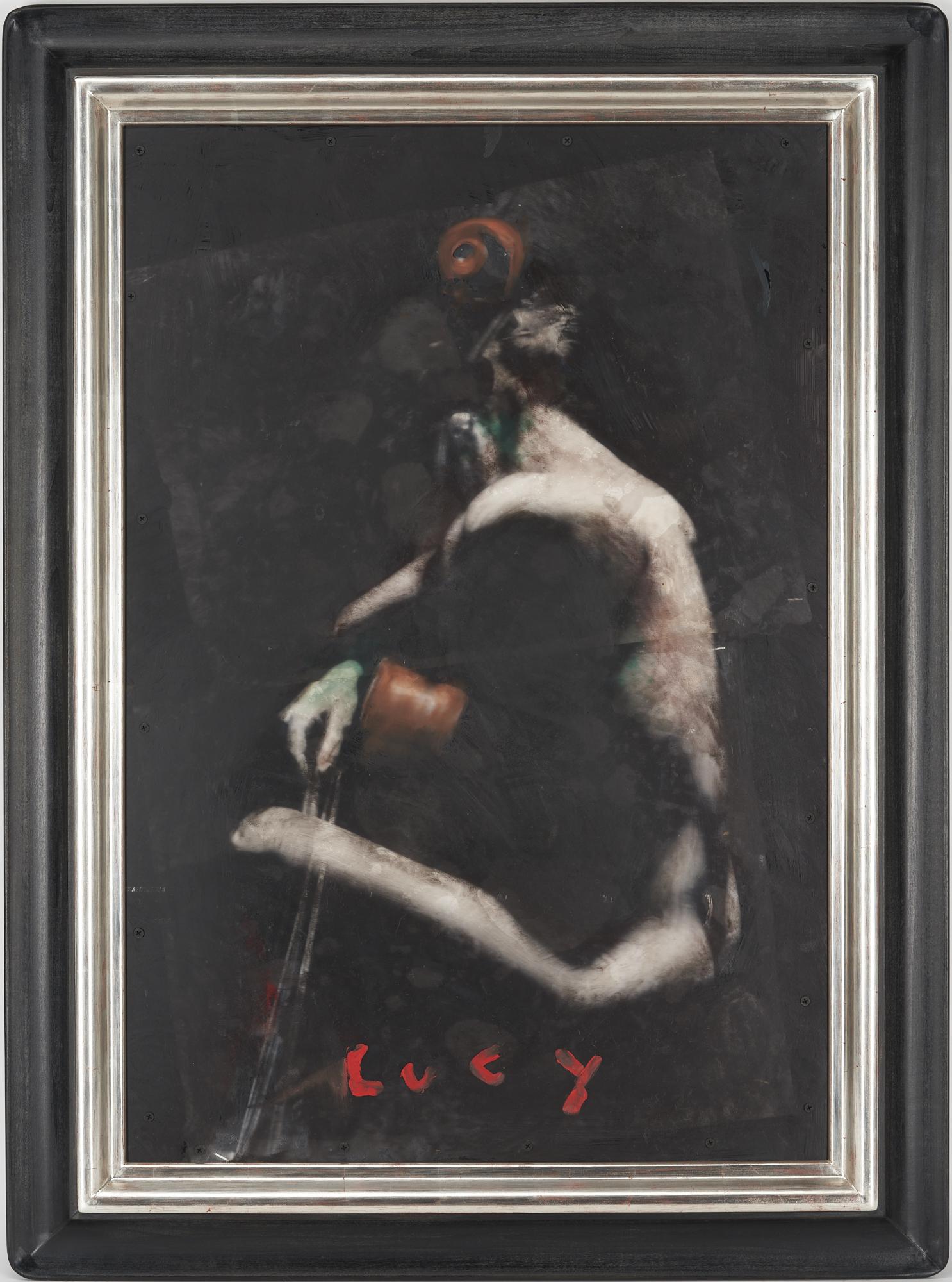 Todd Murphy Mixed Media on Plexiglass Painting, Lucy: Todd Murphy (American/Georgia,1962-2020) mixed media on plexiglass over canvas painting titled "Lucy" depicting a seated nude woman whose back is starkly illuminated in a pale light while she plays th