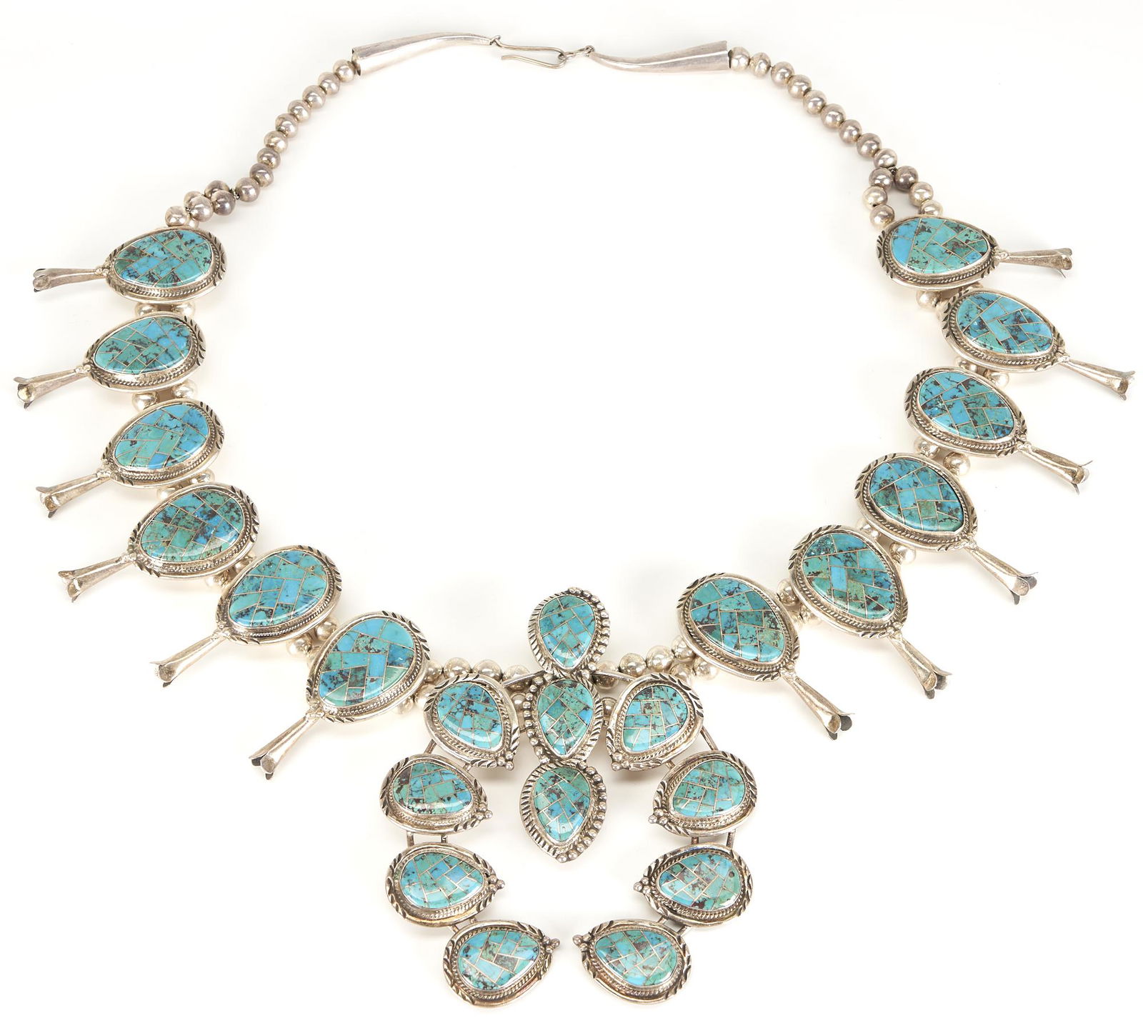 Native American Inlaid Turquoise & Silver Squash Blossom Necklace (1 of 7)